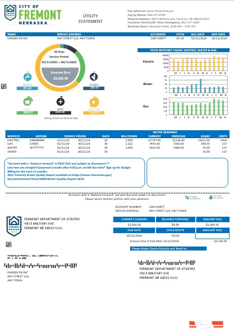 USA City of Fremont Nebraska business utility bill Word and PDF template PSD template